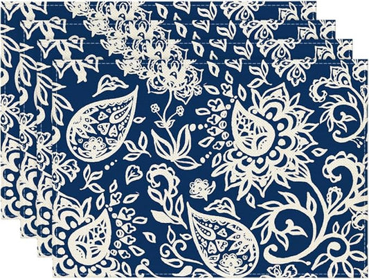 Artoid Mode Blue Floral Paisley Placemats Set of 4, 12x18 Inch Seasonal Spring Table Mats for Party Kitchen Dining Decoration