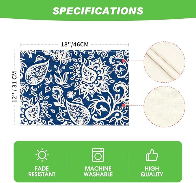 Artoid Mode Blue Floral Paisley Placemats Set of 4, 12x18 Inch Seasonal Spring Table Mats for Party Kitchen Dining Decoration