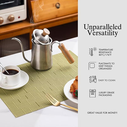 Placemats Set of 6 - Easy Clean Woven Vinyl Placemats for Dining Table, Indoor/Outdoor Place Mats, Washable PVC Table Mats （Pea Green）