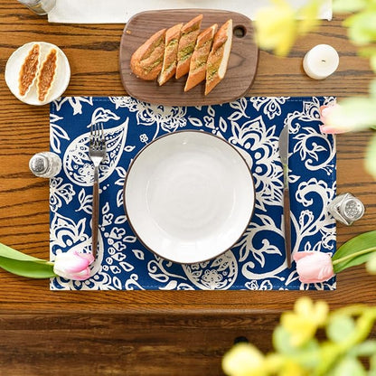 Artoid Mode Blue Floral Paisley Placemats Set of 4, 12x18 Inch Seasonal Spring Table Mats for Party Kitchen Dining Decoration