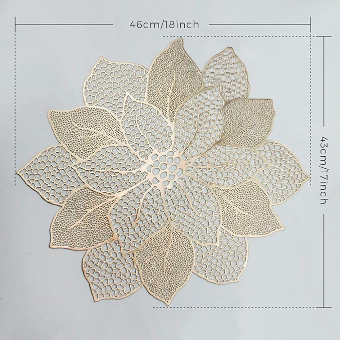 Gold Round Placemats for Dining Table Set of 6 Pressed Vinyl Metallic Table Mats Hollow Out Hibiscus Flower Place Mats for Dinner Table Decor Holiday Wedding Accent Centerpiece