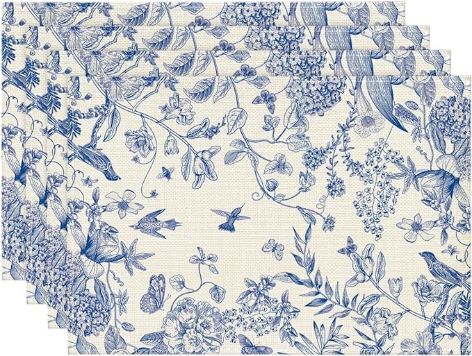 Hydrangea Flowers Branches Chinoiserie Spring Placemats Set of 4, 12x18 Inch Table Mats for Party Kitchen Dining Decoration