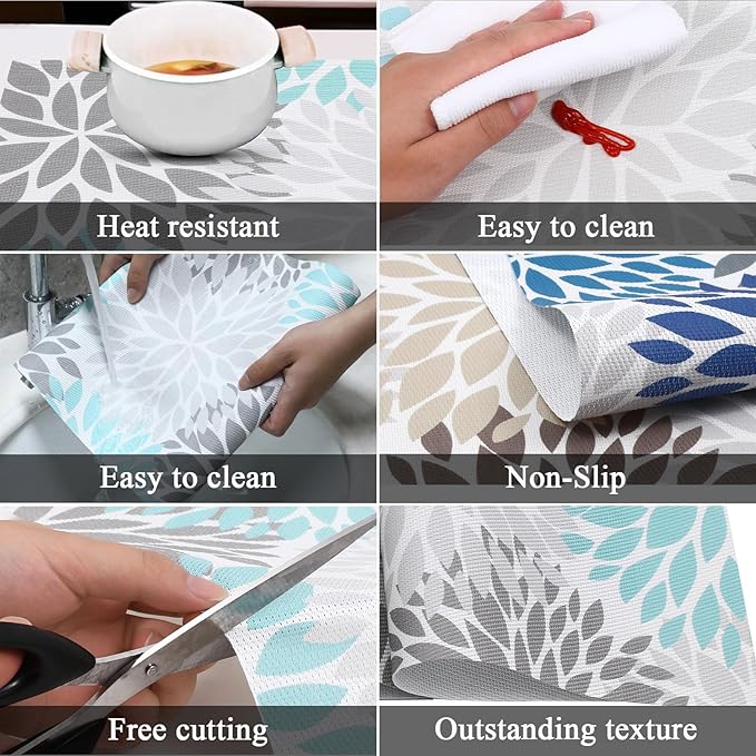 6pcs Placemat, Floral Elegant Vinyl Non-Slip Insulation Place mats Washable PVC Table Mats for Dining Table Durable PVC Weave Outdoor Indoor Table Mats Grey Blue