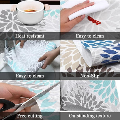 6pcs Placemat, Floral Elegant Vinyl Non-Slip Insulation Place mats Washable PVC Table Mats for Dining Table Durable PVC Weave Outdoor Indoor Table Mats Grey Blue