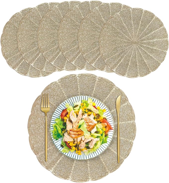 Placemats Set of 6, Round Gold Vinyl Placemats Wipeable Washable 15'' Heat-Resistant Fancy Table Place Mats for Dinning Table, Wedding, Party, Festival, Plate Coaster (Gold 6 Pcs)