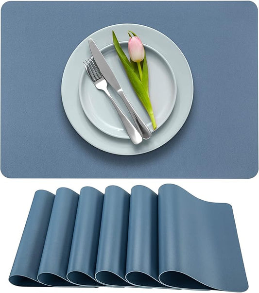 Faux Leather Placemats for Dining and Kitchen Table - Stain and Heat Resistant, Anti-Slip, Wipable and Washable - Set of 4 and 6 - Solid Colors (Solid Blue, 4)