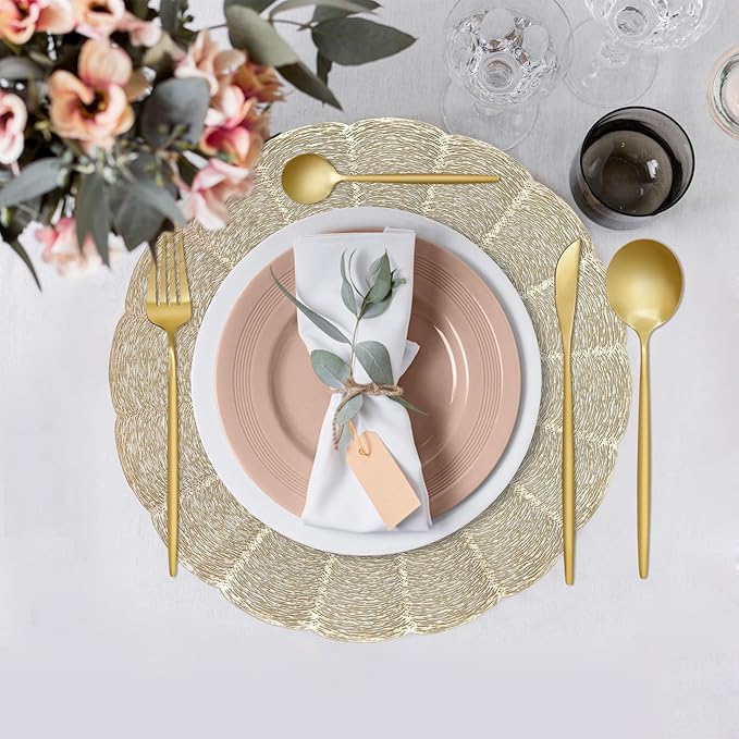 Placemats Set of 6, Round Gold Vinyl Placemats Wipeable Washable 15'' Heat-Resistant Fancy Table Place Mats for Dinning Table, Wedding, Party, Festival, Plate Coaster (Gold 6 Pcs)