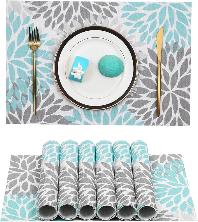 6pcs Placemat, Floral Elegant Vinyl Non-Slip Insulation Place mats Washable PVC Table Mats for Dining Table Durable PVC Weave Outdoor Indoor Table Mats Grey Blue