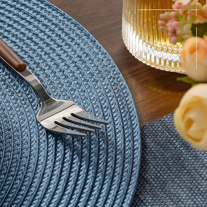 Round Braided Placemats Set of 6 Table Mats for Dining Tables Woven Washable Non-Slip Place mats 15 inch for Fall(Blue, 6pcs)