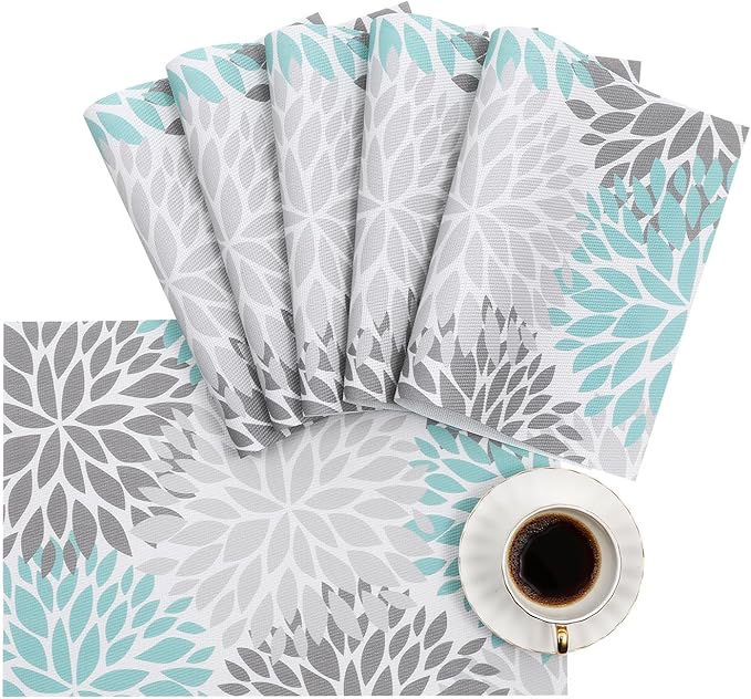 6pcs Placemat, Floral Elegant Vinyl Non-Slip Insulation Place mats Washable PVC Table Mats for Dining Table Durable PVC Weave Outdoor Indoor Table Mats Grey Blue