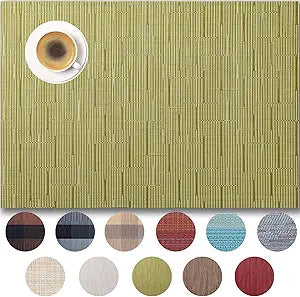 Placemats Set of 6 - Easy Clean Woven Vinyl Placemats for Dining Table, Indoor/Outdoor Place Mats, Washable PVC Table Mats （Pea Green）