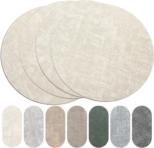 Round Placemats Set of 4, Reversible Faux Leather Heat Resistant Table Mats, 100% Waterproof Oilproof Wipeable Table Protective Placemats for, Washable for Indoor & Outdoor Use (4, Beige)