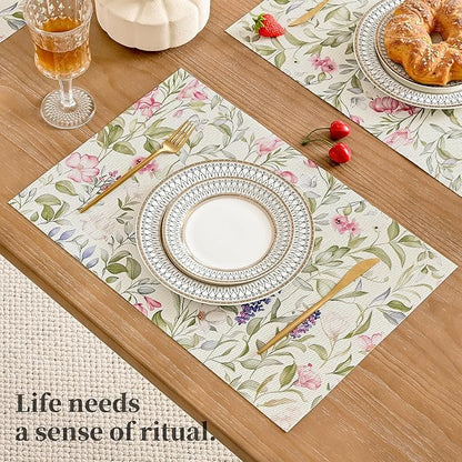 Orchid and Wildflower Spring and Summer Placemat Set of 4 Heat Resistant Non-Slip Place mats for Dining Table, Washable Durable PVC Vinyl Woven Table Mats (Set of 4)